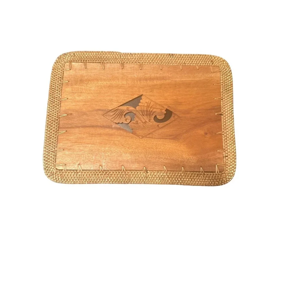 Vintage Balinese Placemats Set 4 Teak Wooden Flower Design/Koi Tail‎
